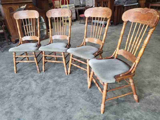 20thC 4 continental high back carved kitchen country dining chairs fabric seats