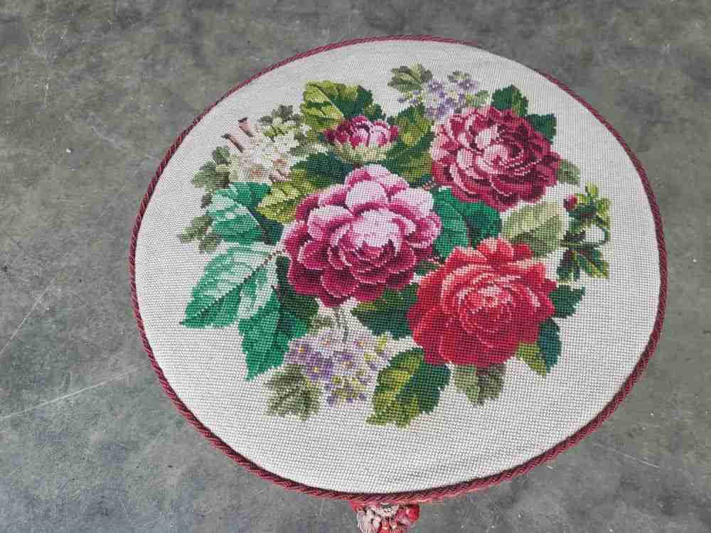 Antique Victorian round gilt cabriole legs tapestry stool seat