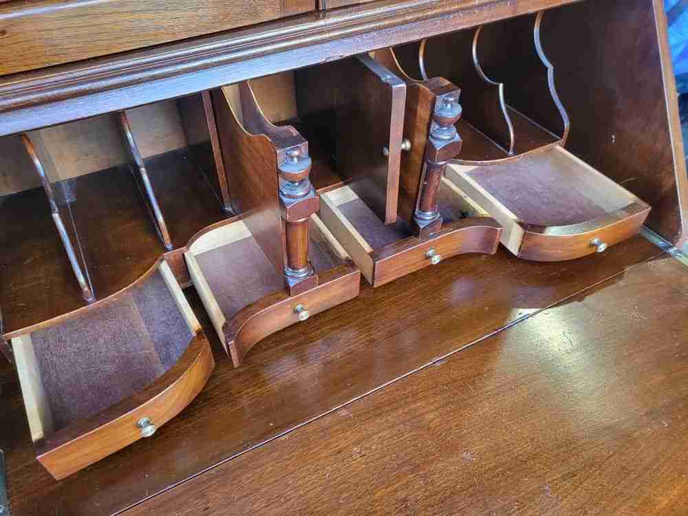 Antique repro serpentine glazed bookcase bureau desk drawers