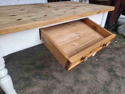 20thC pine  kitchen dining table white legs drawer seat 6