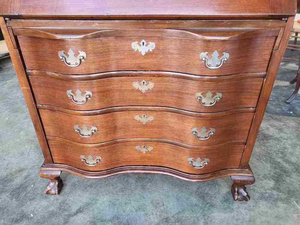 Antique repro serpentine glazed bookcase bureau desk drawers