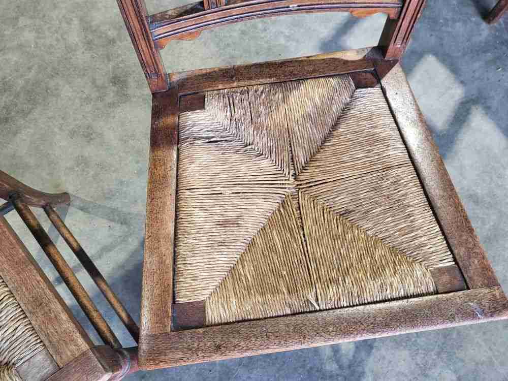 Vintage 20thC rush seat turned legs 3 x kitchen country dining chairs