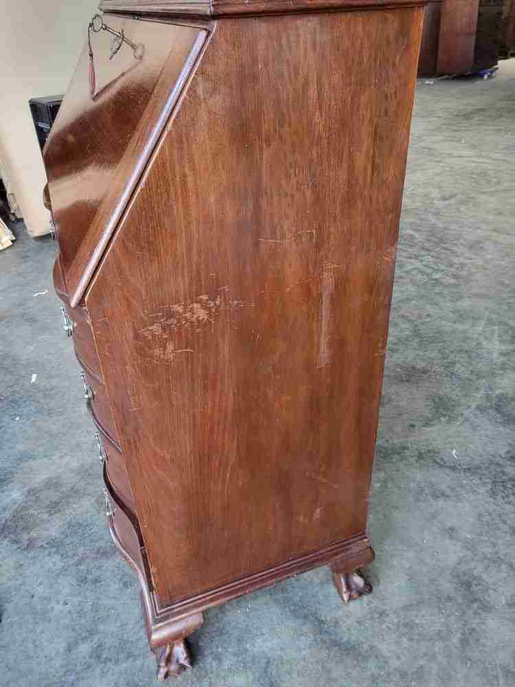 Antique repro serpentine glazed bookcase bureau desk drawers