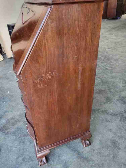 Antique repro serpentine glazed bookcase bureau desk drawers