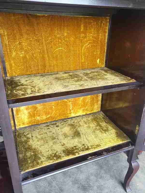 Antique serpentine glazed chiffonier sideboard cabinet velvet shelves