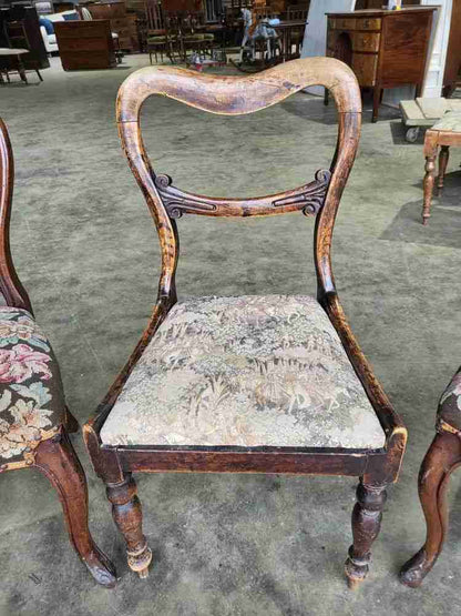 Four mixed Victorian balloon back dining chairs floral