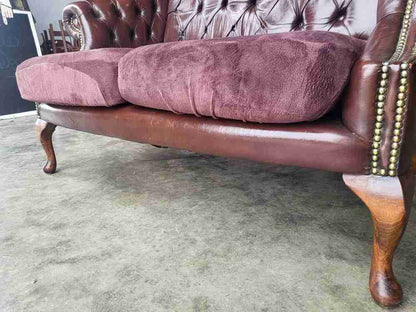 Antique repro button back leather 2 seat high back sofa cabriole legs
