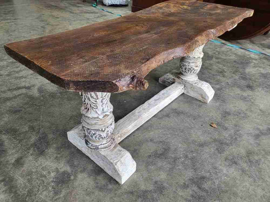 Antique repro natural elm bench carved painted legs seat