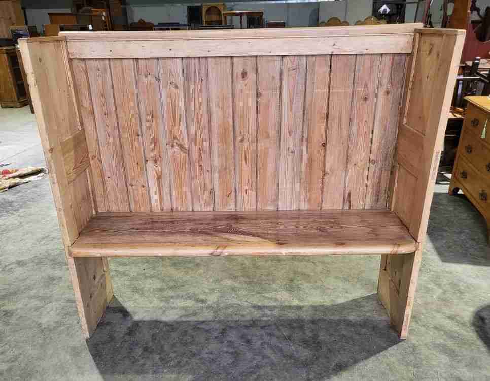 20thC Stripped pine high back panelled bench kitchen country farmhouse seat