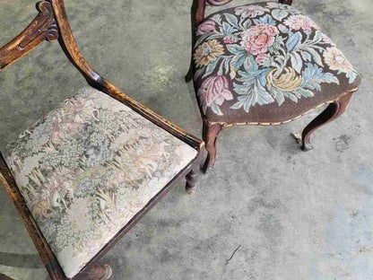 Four mixed Victorian balloon back dining chairs floral