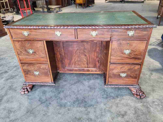 Antique Victorian knee hole writing desk claw feet leather top cupboard
