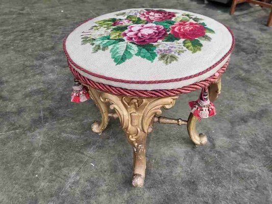 Antique Victorian round gilt cabriole legs tapestry stool seat