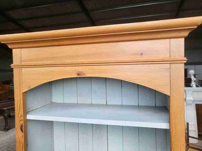 20thC pine tall slim open bookcase painted interior shelves