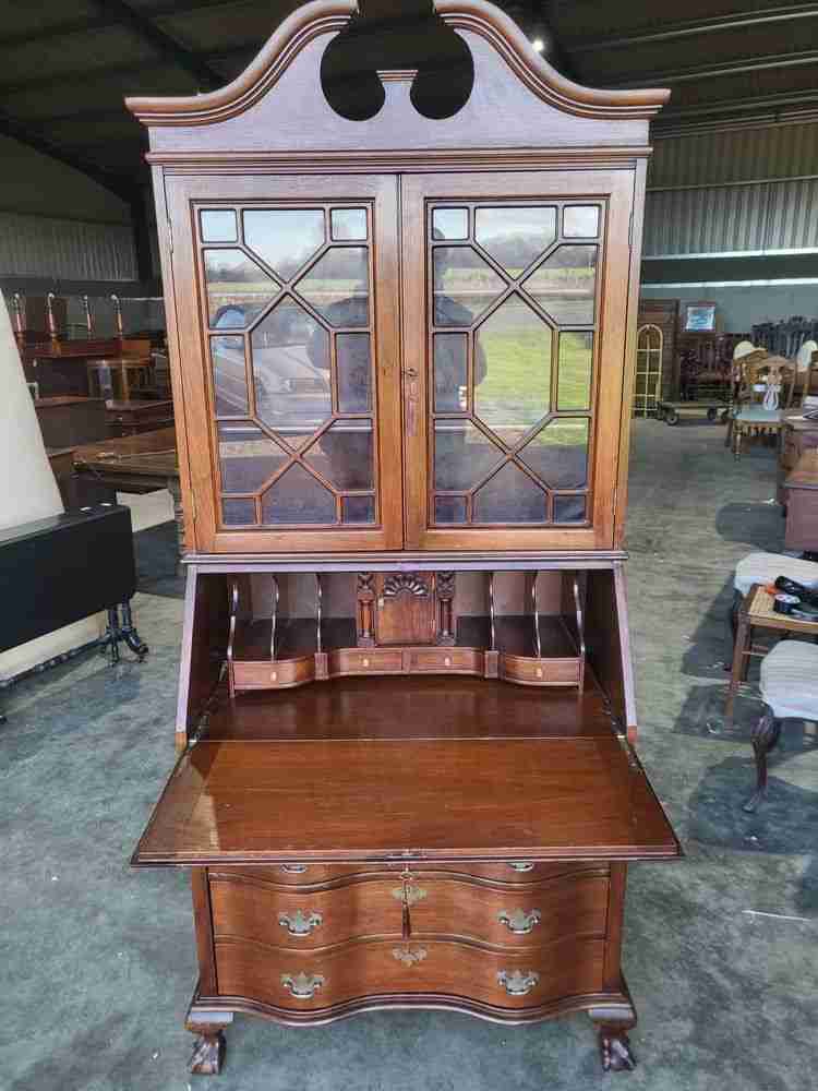 Antique repro serpentine glazed bookcase bureau desk drawers