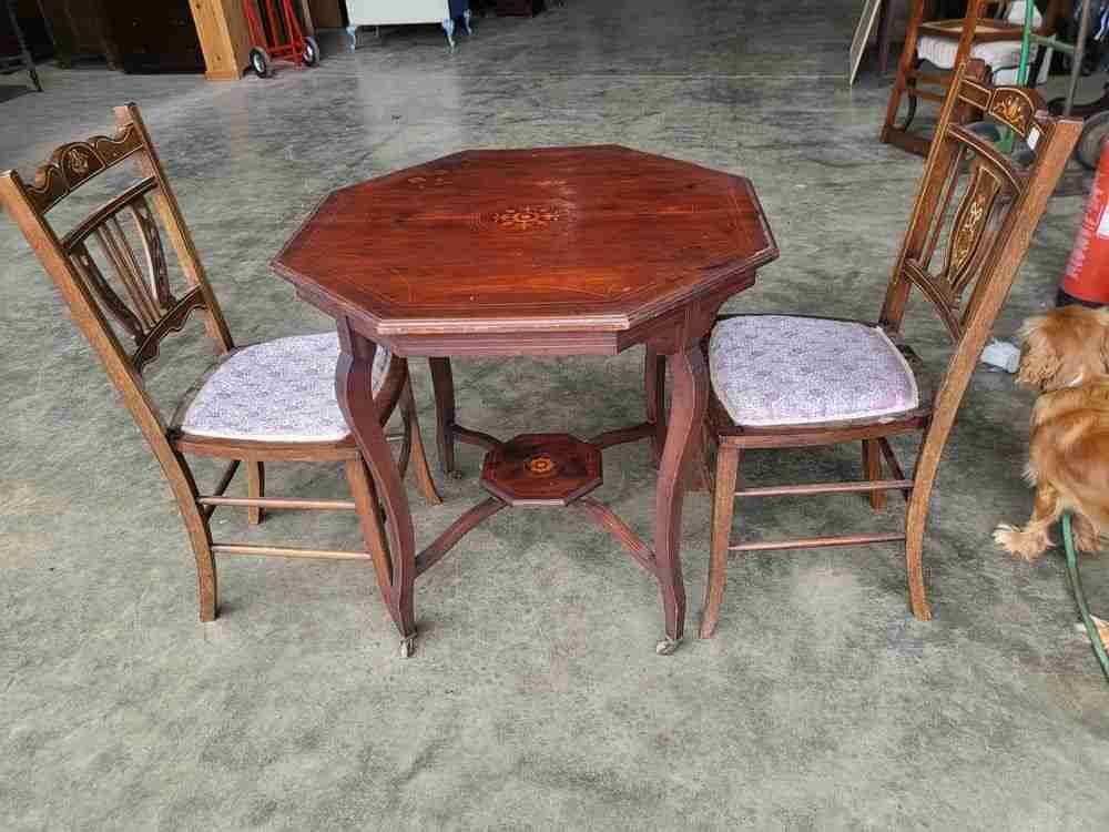 Antique inlaid octagonal occasional dining side table seat 4
