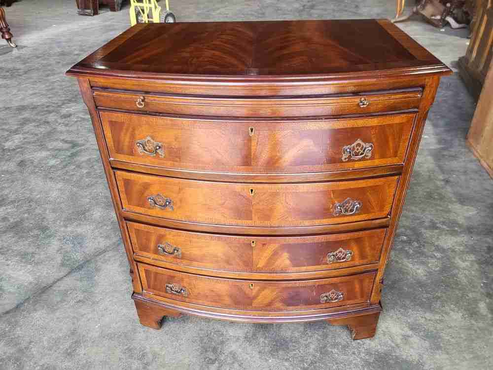 Antique repro bow front chest of drawers slide tray dressing table desk