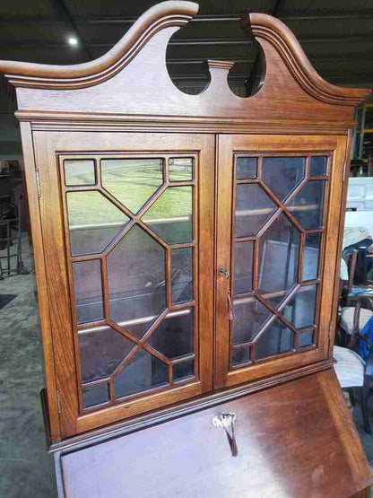 Antique repro serpentine glazed bookcase bureau desk drawers