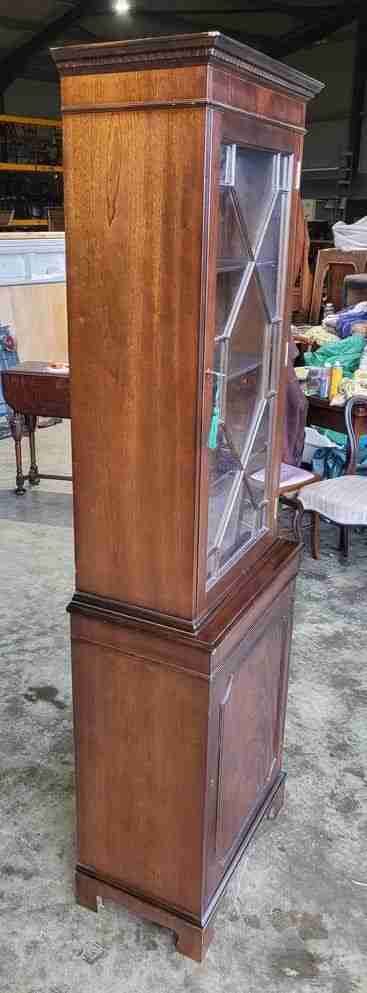 Antique mahogany repro tall slim glazed bookcase cabinet shelves