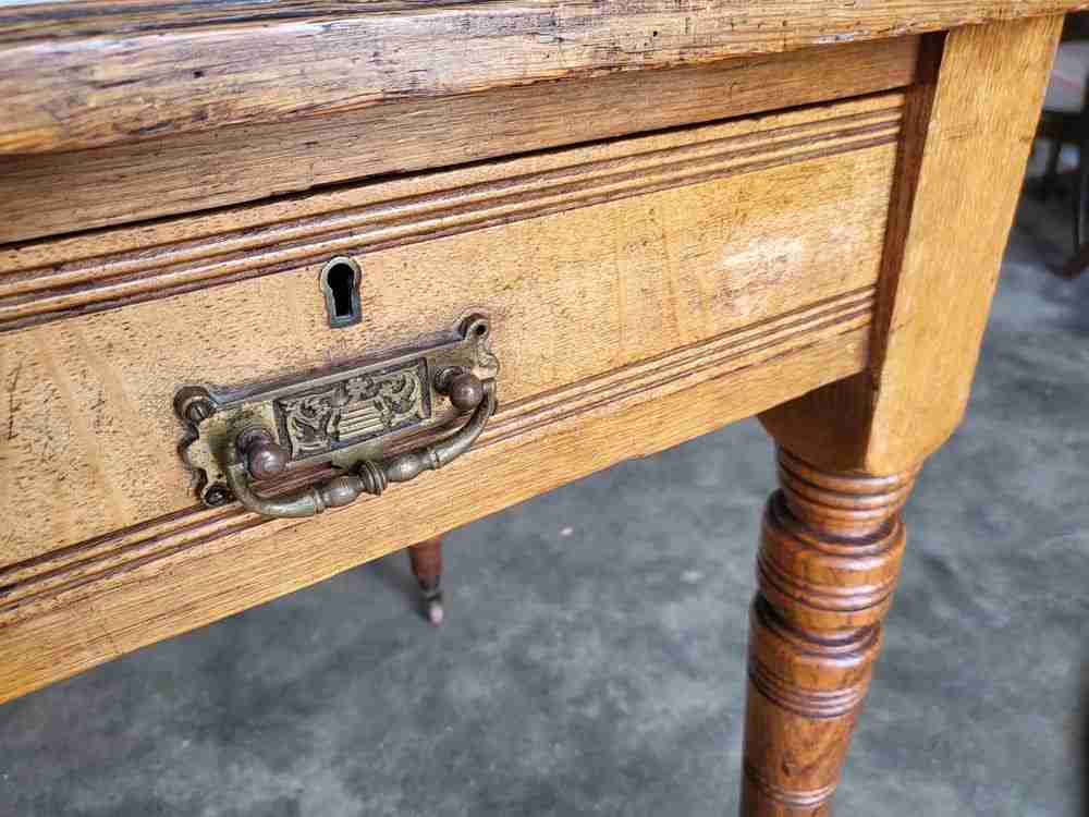 Antique Edwardian 2 drawer writing table desk turned legs castors