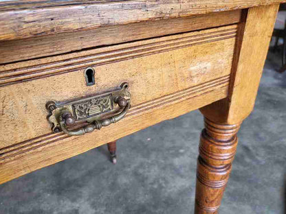 Antique Edwardian 2 drawer writing table desk turned legs castors