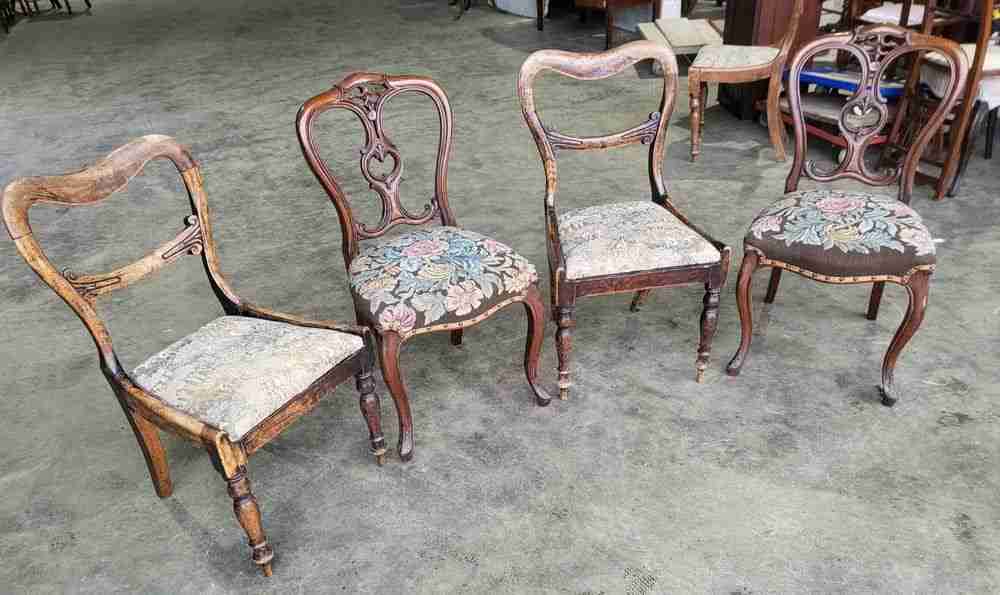 Four mixed Victorian balloon back dining chairs floral