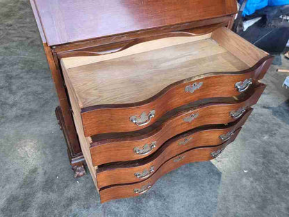 Antique repro serpentine glazed bookcase bureau desk drawers