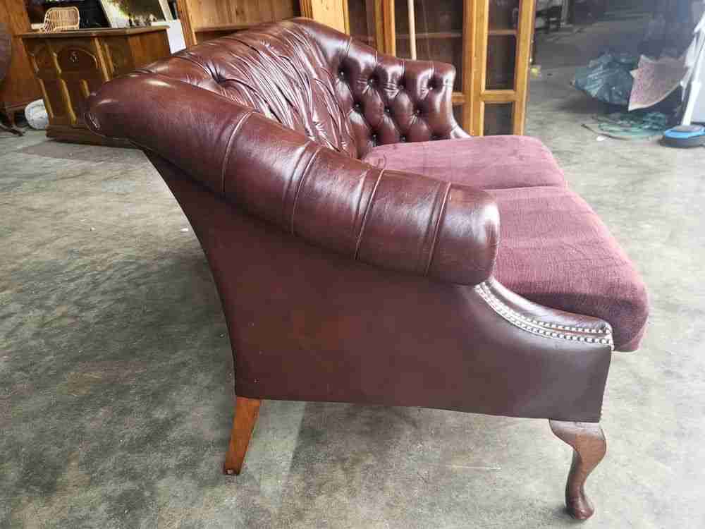 Antique repro button back leather 2 seat high back sofa cabriole legs