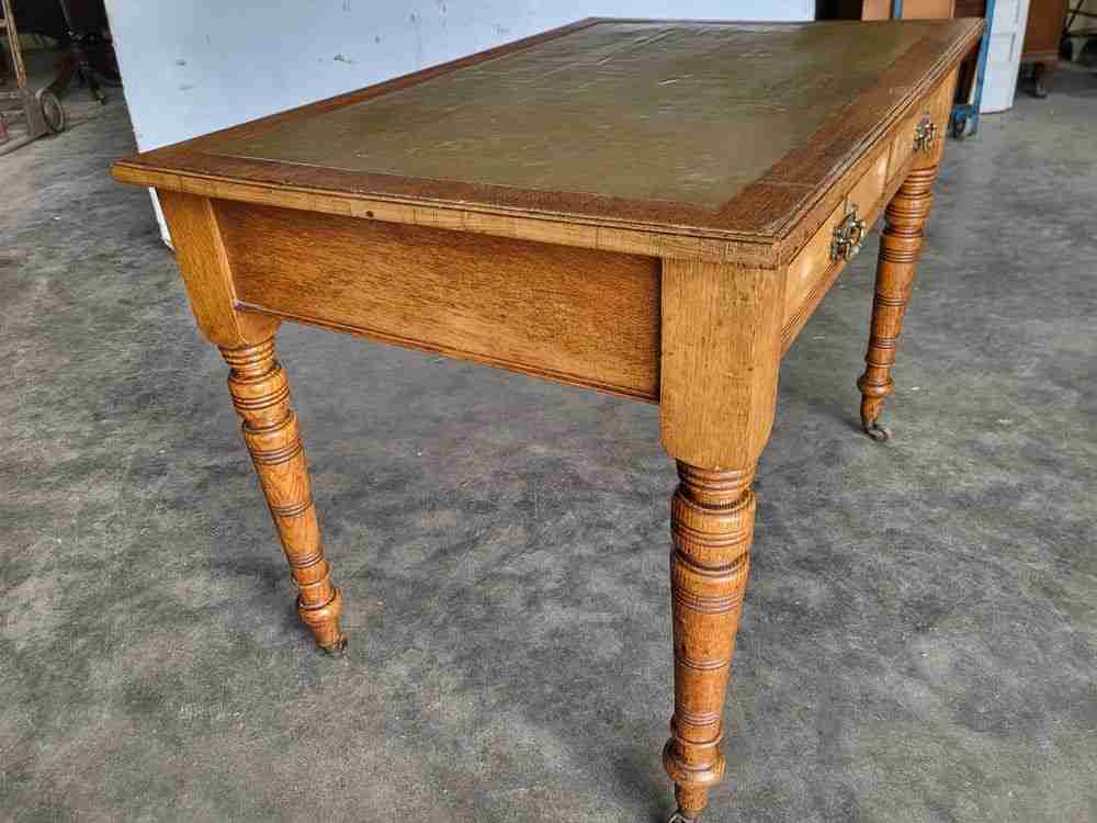 Antique Edwardian 2 drawer writing table desk turned legs castors