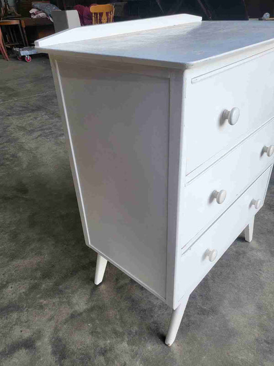 Vintage 20thC small painted white chest of drawers splayed legs 3 drawers