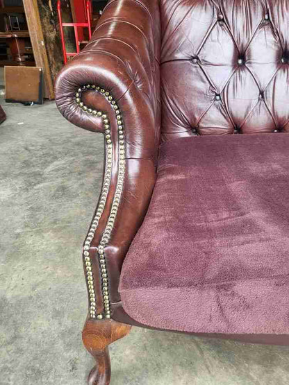 Antique repro button back leather 2 seat high back sofa cabriole legs