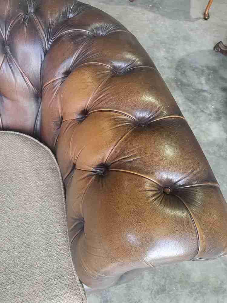 Antique repro button back 3 seat  brown leather Chesterfield  sofa