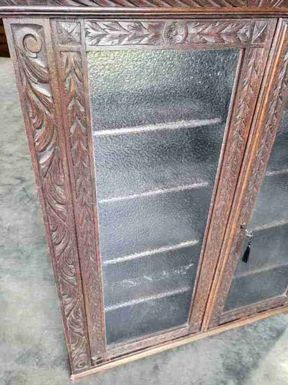 Antique dark oak carved ornate 2 door glazed bookcase cabinet