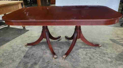Antique repro mahogany twin pedestal extending D end dining table
