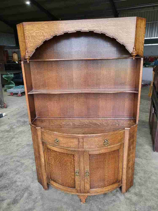 Antique repro oak bow front dresser cupboard drawers shelves cabinet