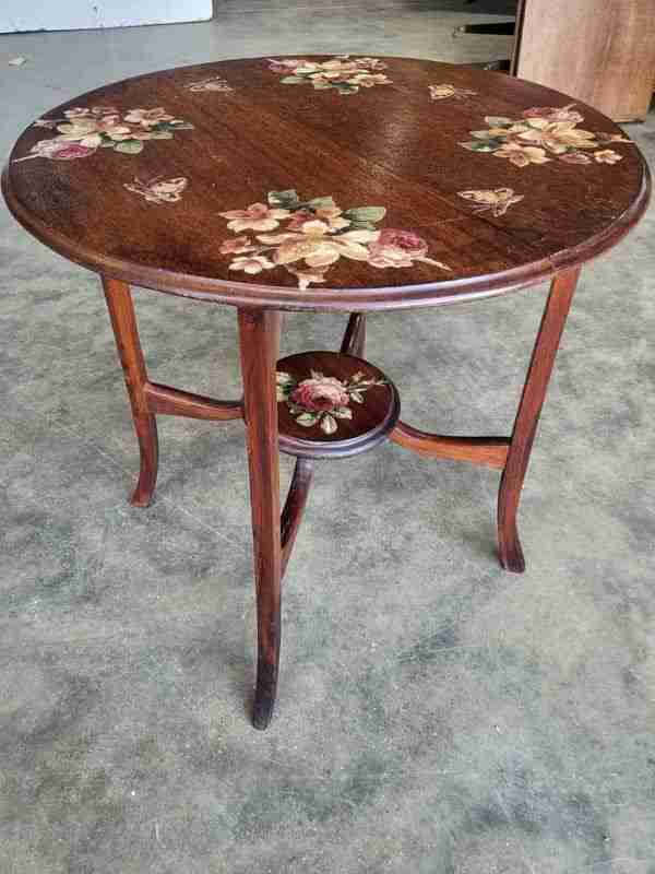 Vintage 20thC round oak 2 tier floral side end occasional table