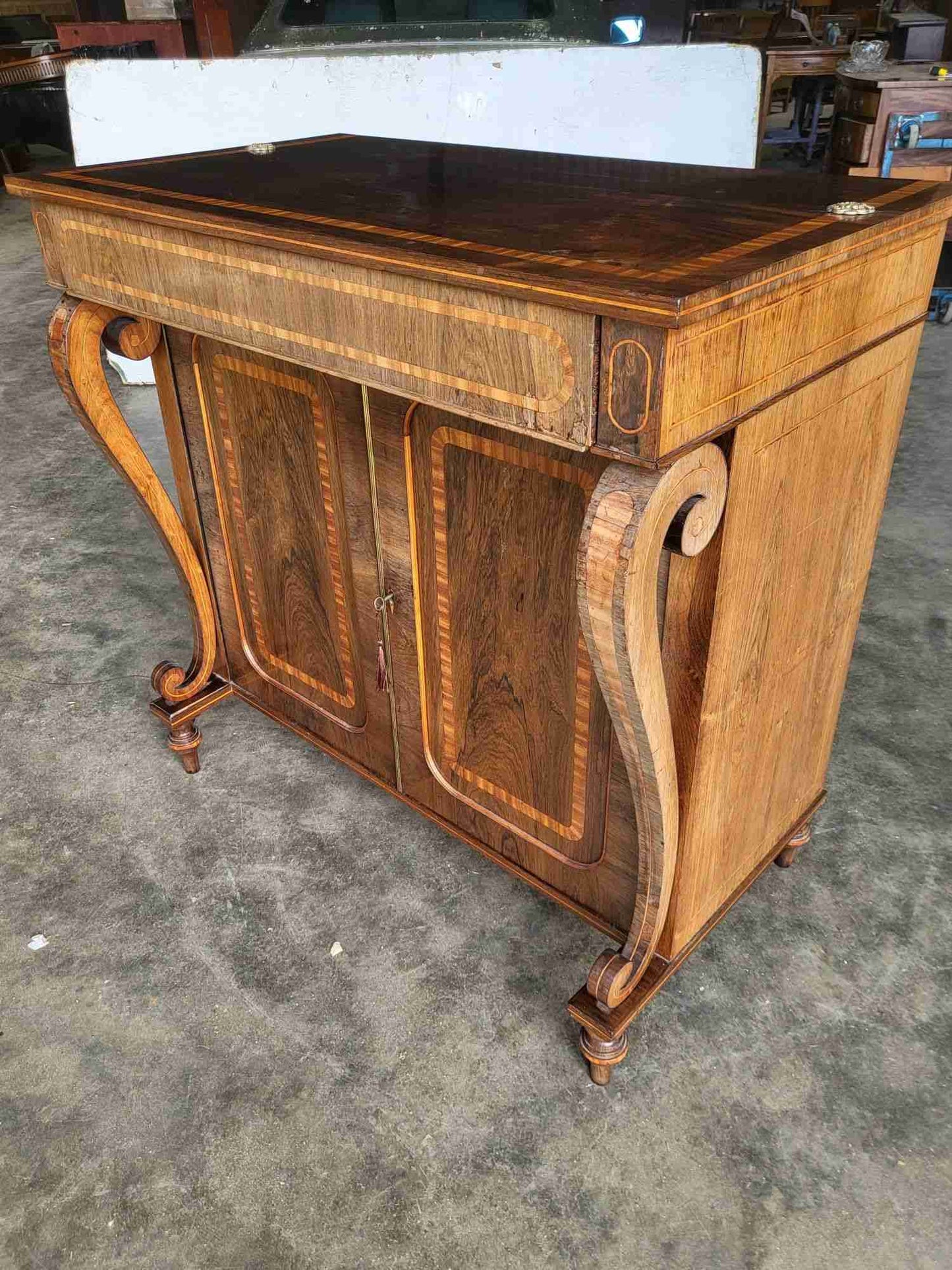 Antique inlaid small sideboard cupboard curved columns