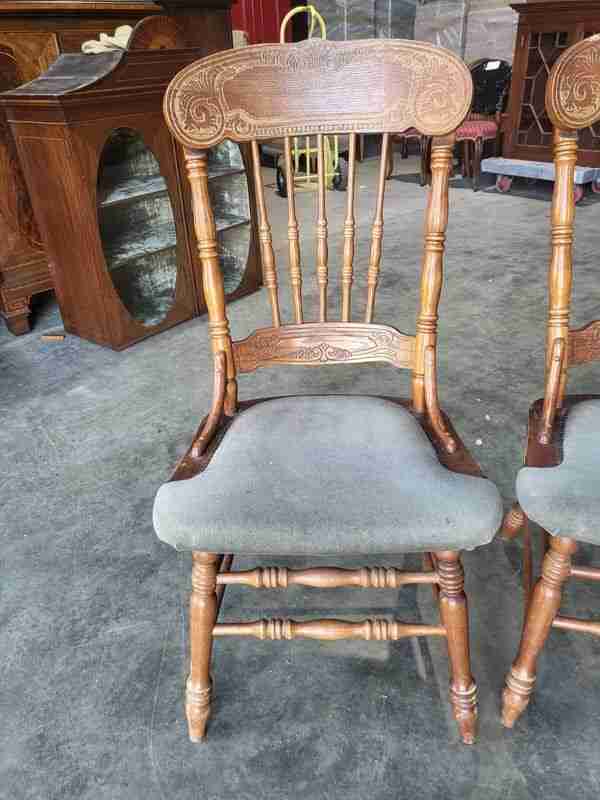 20thC 4 continental high back carved kitchen country dining chairs fabric seats