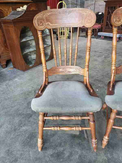 20thC 4 continental high back carved kitchen country dining chairs fabric seats