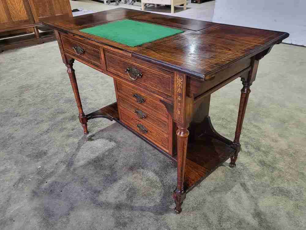 Antique Edwardian inlaid rosewood small writing desk table drawers
