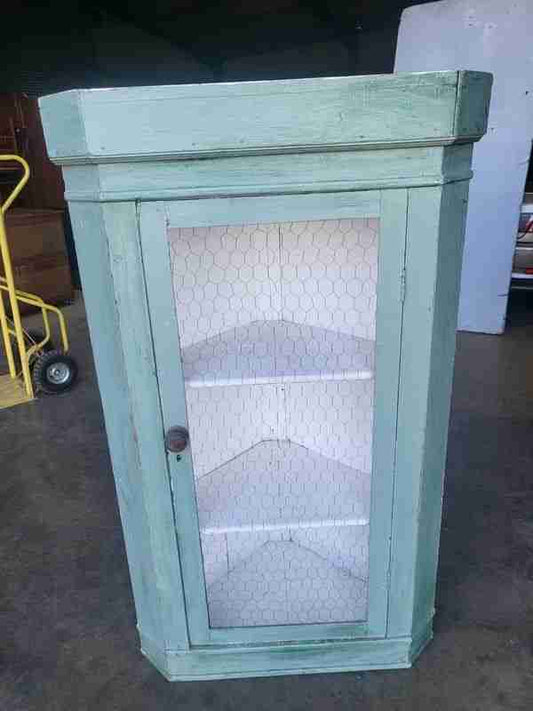 Vintage 20thC painted pine large corner cabinet shelves mesh front