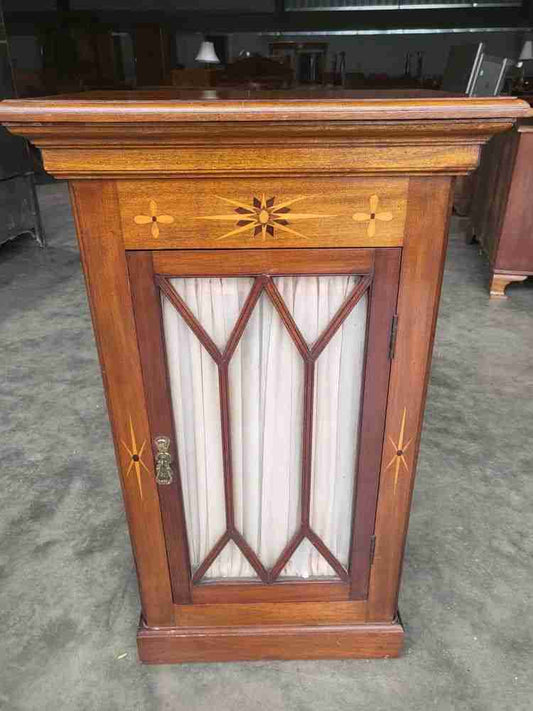 Antique Edwardian small inlaid glazed cabinet fabric curtain shelves