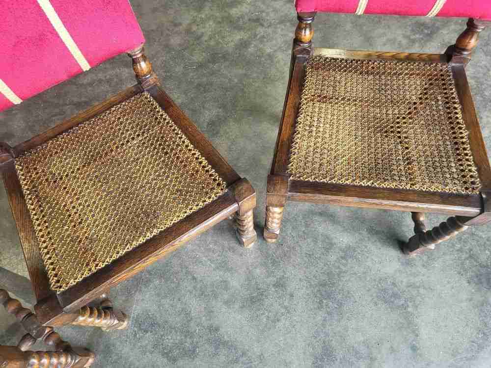 4 vintage 20thC oak barley twist bergere dining chairs padded