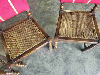 4 vintage 20thC oak barley twist bergere dining chairs padded