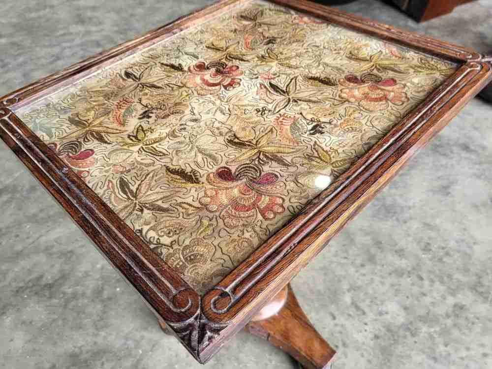 Antique Victorian embroidered tripod side end lamp table pedestal table