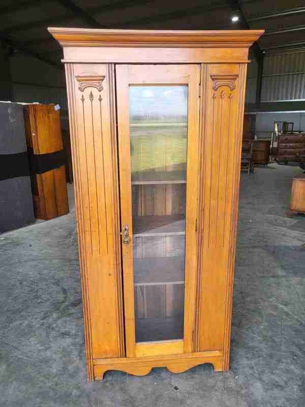 Antique Edwardian tall slim walnut glazed linen press cupboard bookcase