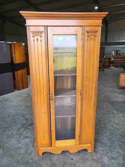 Antique Edwardian tall slim walnut glazed linen press cupboard bookcase