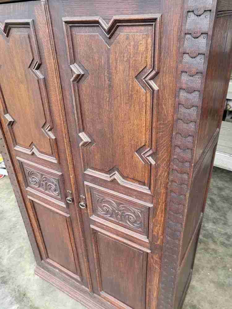Antique dark oak panelled carved 2 x door wardrobe