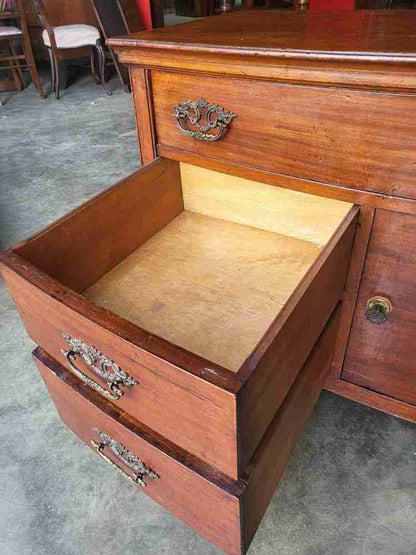 Antique Edwardian low bow front small chest of drawers with cupboard
