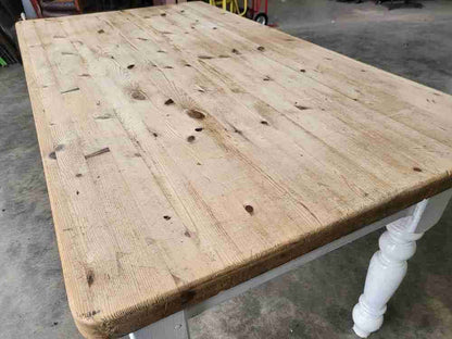 20thC pine  kitchen dining table white legs drawer seat 6