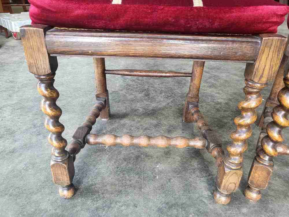4 vintage 20thC oak barley twist bergere dining chairs padded